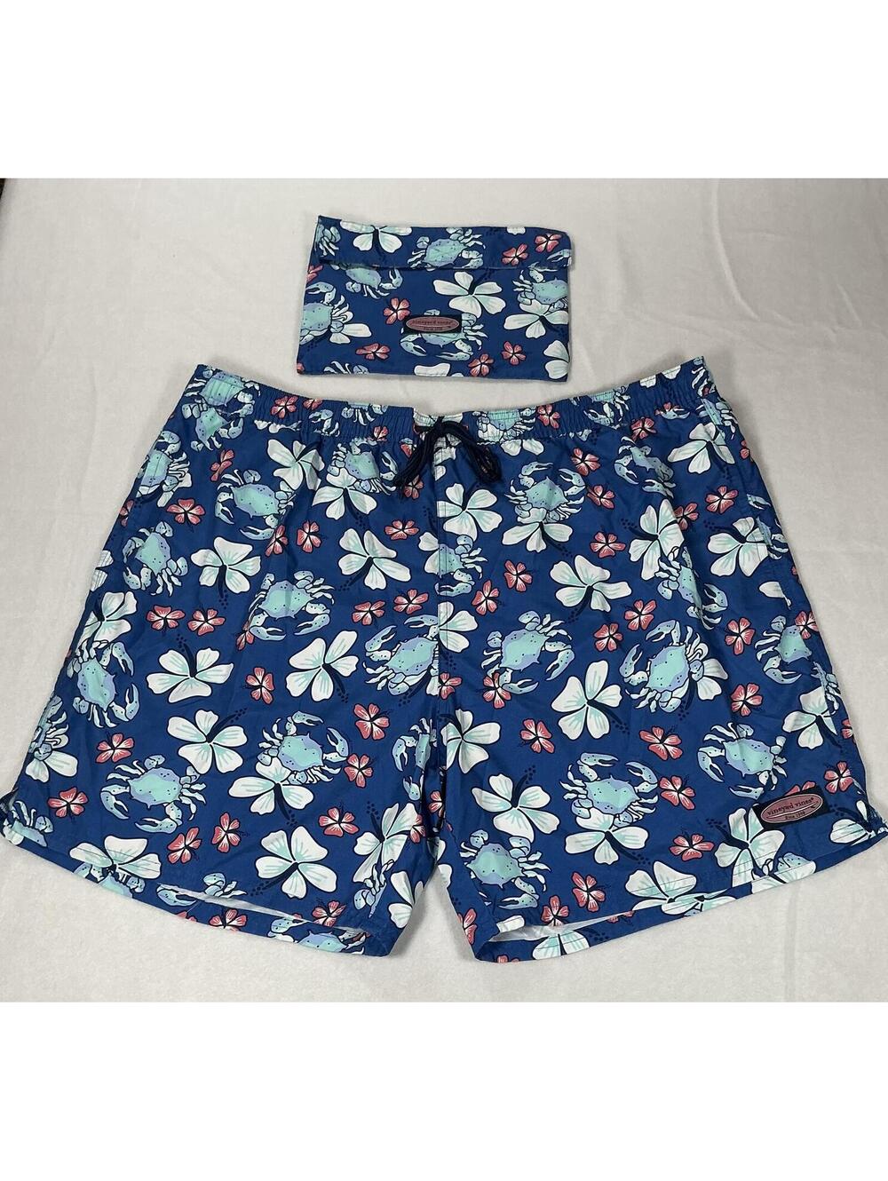 Vineyard Vines Men’s Swim Trunks Shorts XXL Blue Floral Crab Print with Pouch